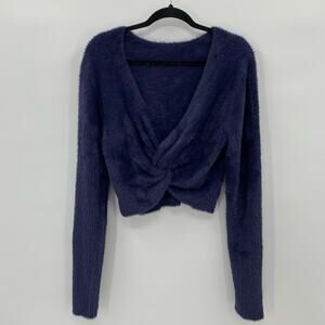 Aerie Womens XL Fluffy-4-Ever Reversible Twist Sweater Navy Blue Crop Eyelash